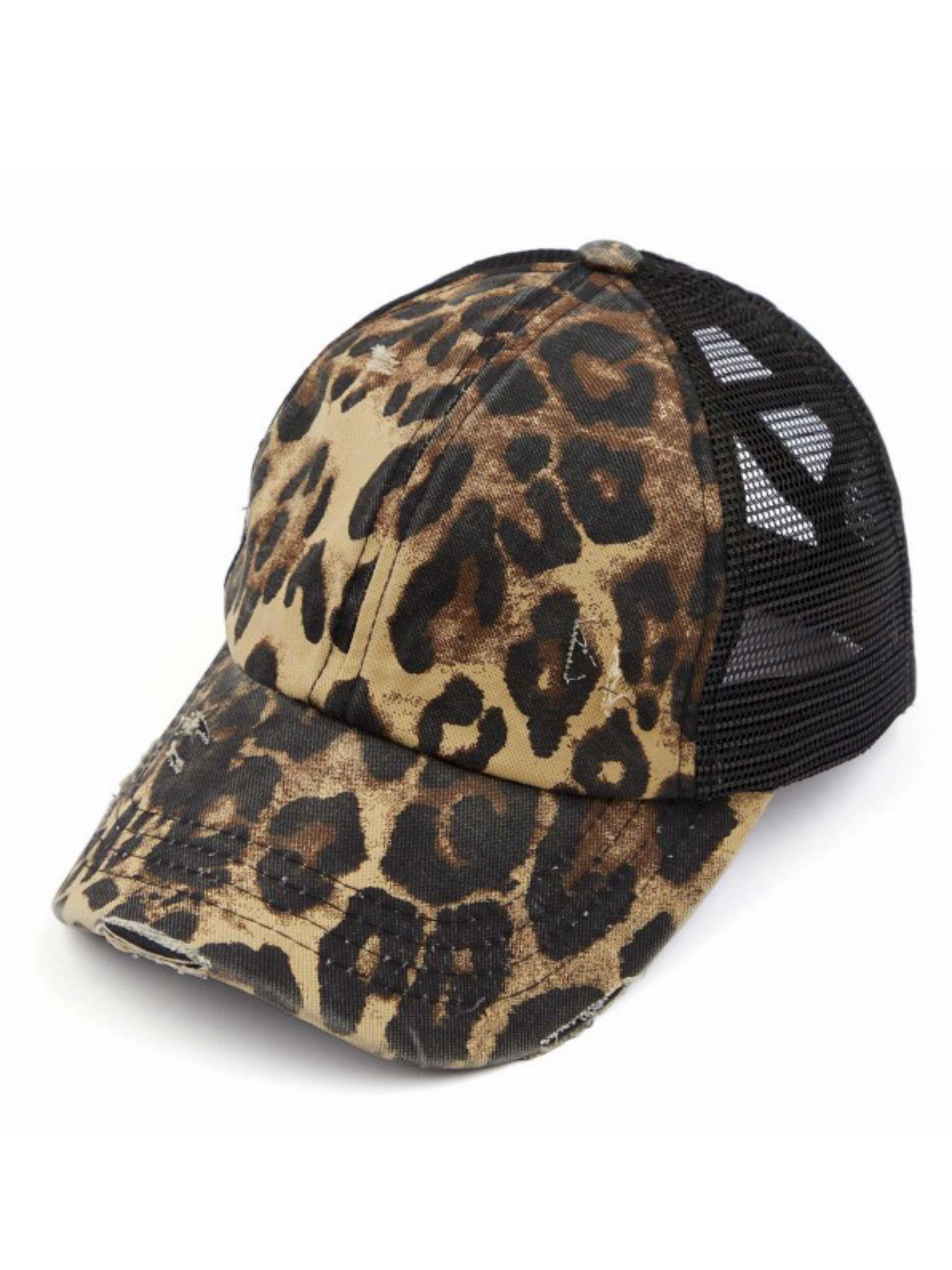 Distressed Leopard Mesh Ponytail Cap