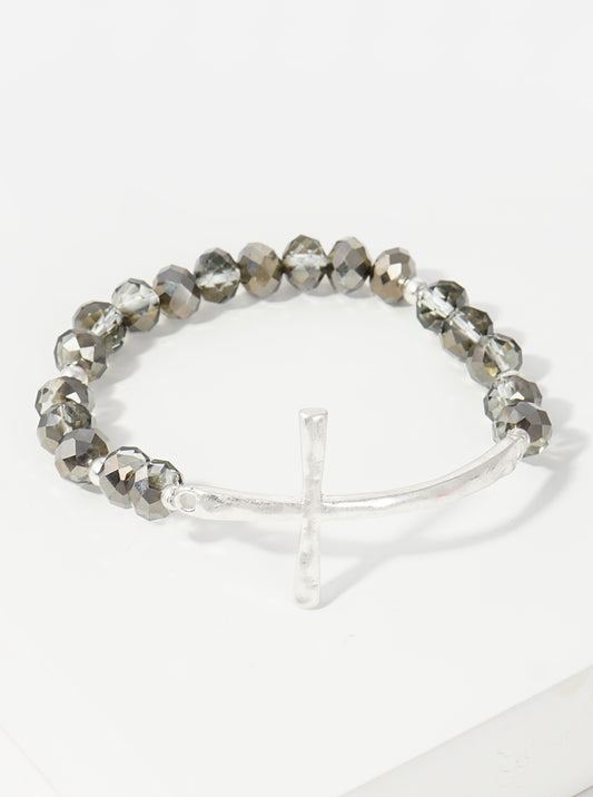 Metal Cross Accent Faceted Glass Bead Stretch Bracelet