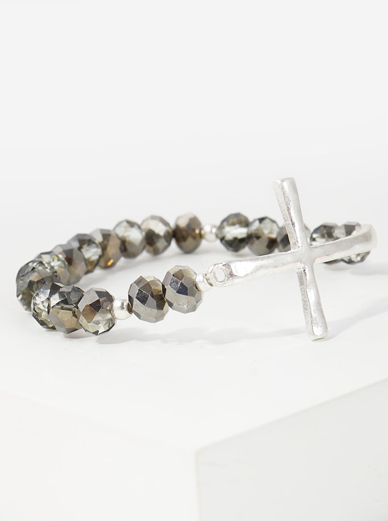 Metal Cross Accent Faceted Glass Bead Stretch Bracelet