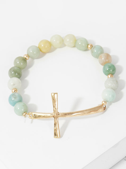 Metal cross accent semi-precious natural stone stretch bracelet