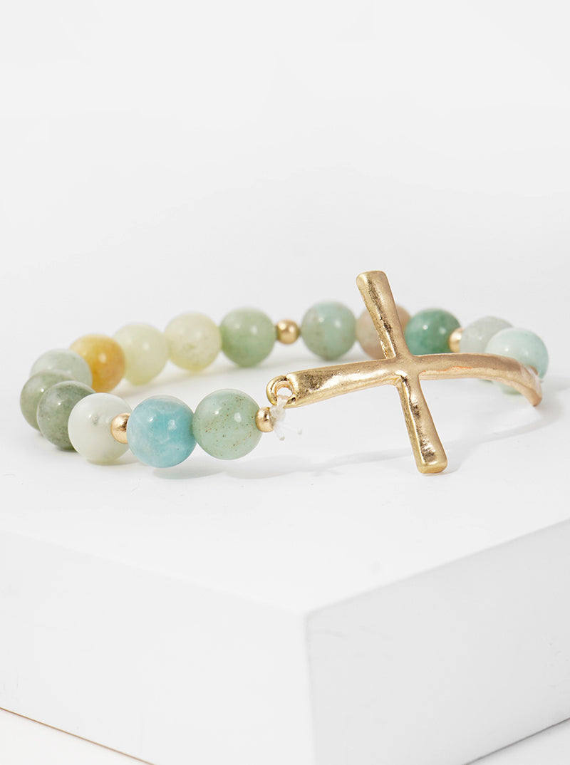 Metal cross accent semi-precious natural stone stretch bracelet