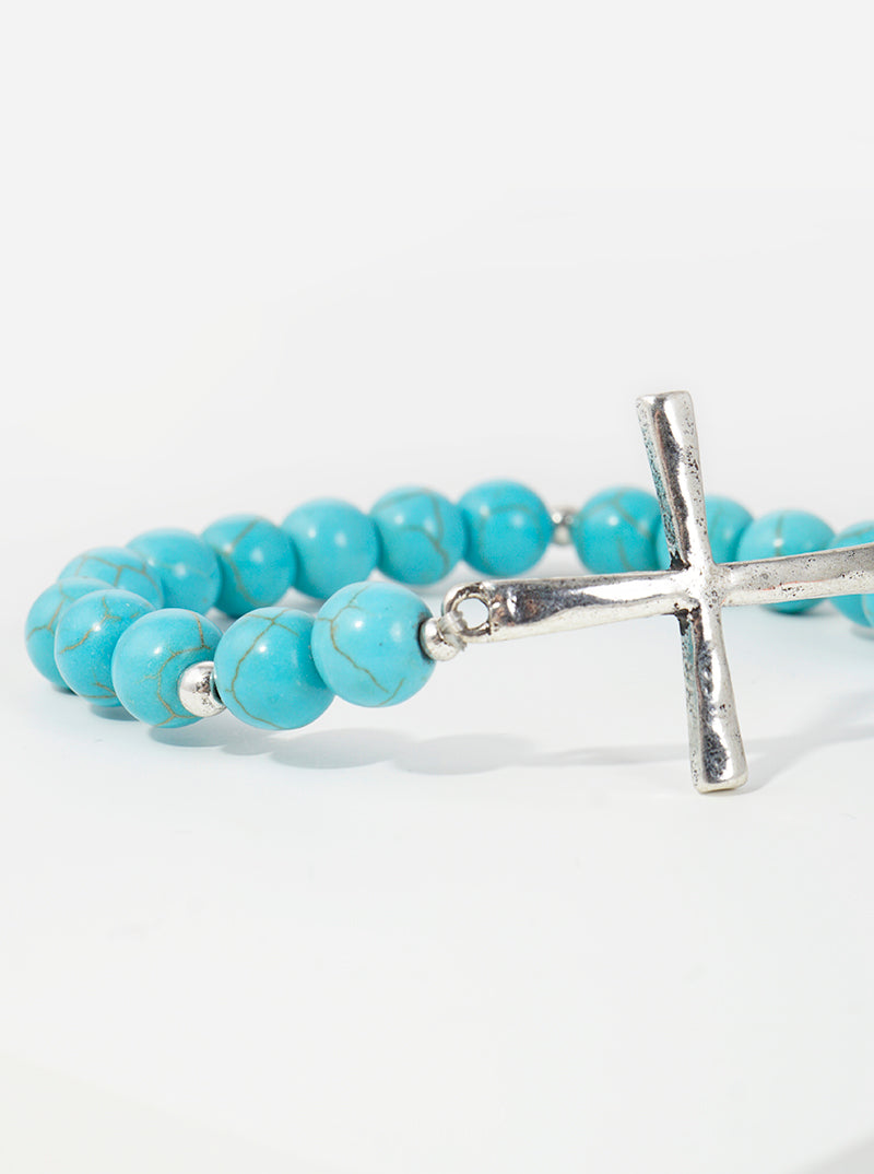 Metal cross accent semi-precious natural stone stretch bracelet